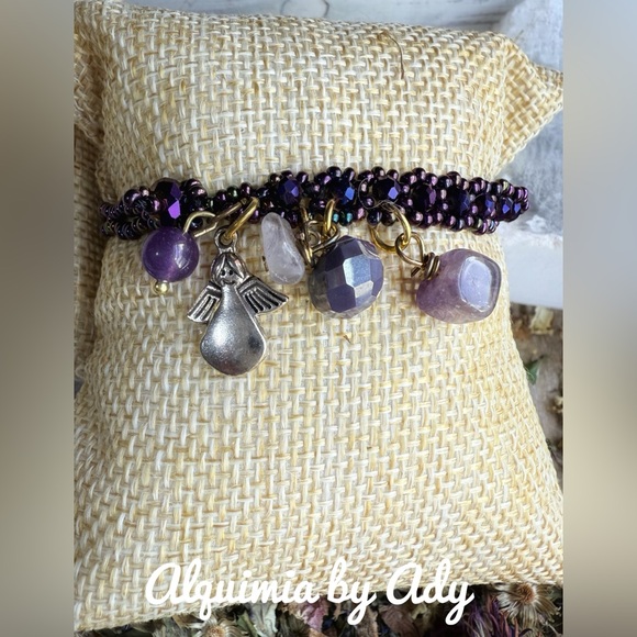 Amethyst gemstones in black adjustable cord/unisex amethyst charms bracelet - Picture 2 of 5